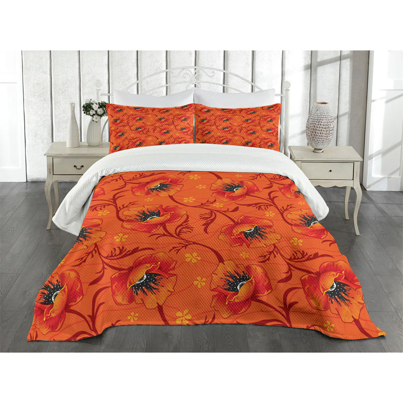 Ambesonne Orange Bedspread Poppy Flower Romance, King Bedspread + 2 Standard Shams
