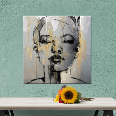 Toile imprimée: Portrait abstrait femme dorée, décor à la maison moderne, toile noire encadrée 1P