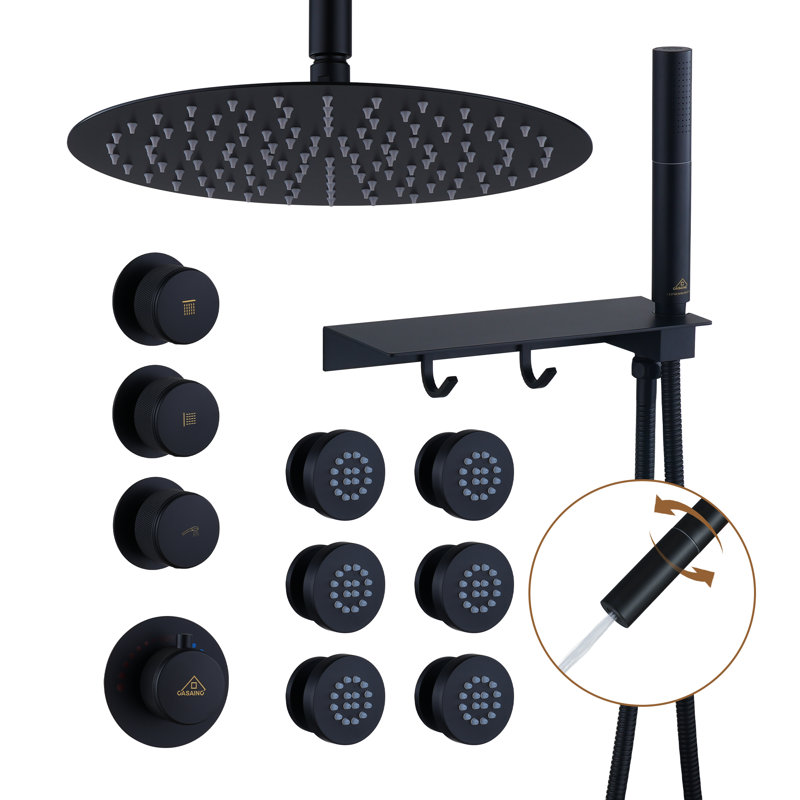 Système de douche thermostatique complet avec valve brute, Noir mat