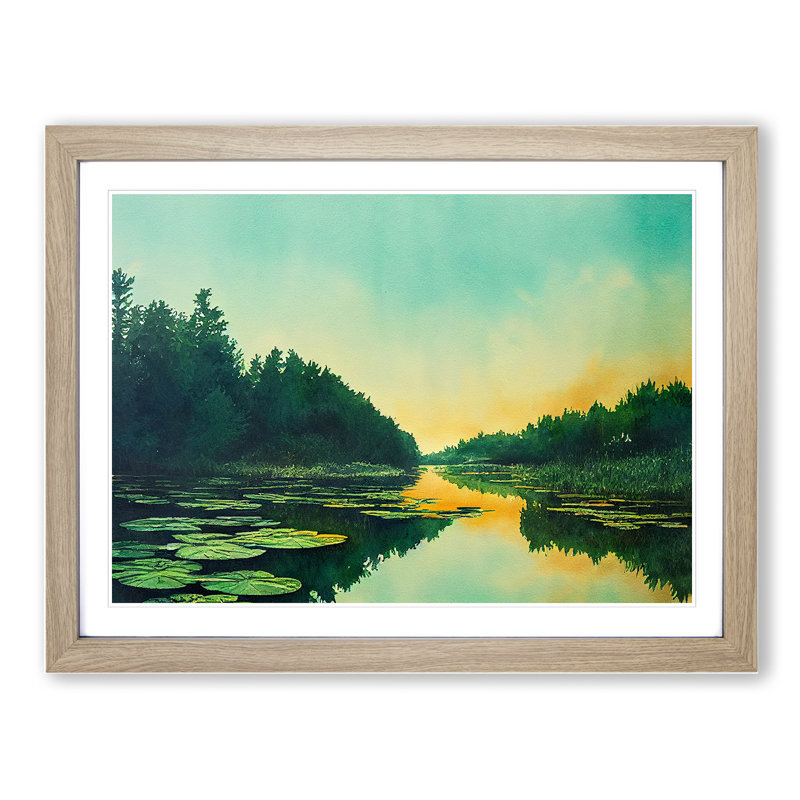 Pond at Sunrise 1 Piece Single Picture Frame Wall Art, 46cm H x 64cm W x 2cm D, Oak