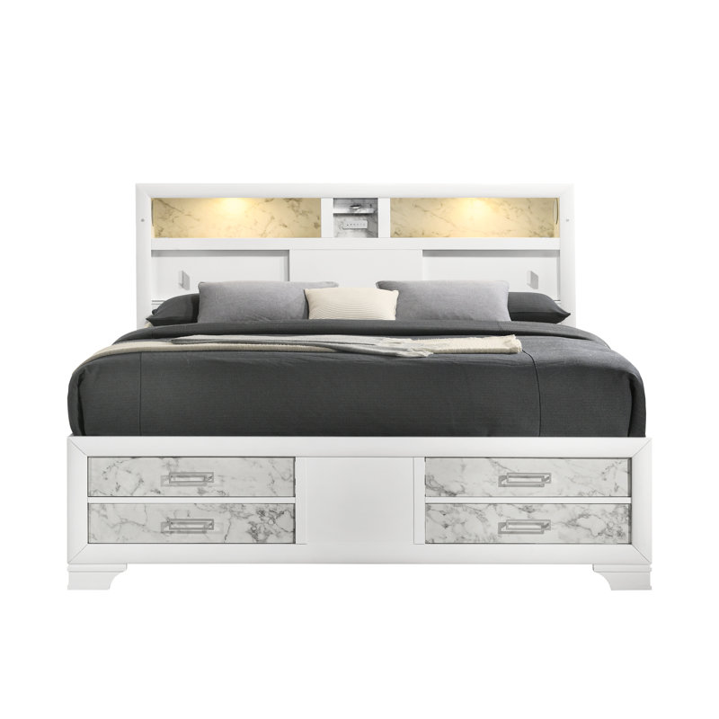 Contemporain, lit double, bois blanc, accents de marbre, éclairage de la tête de lit, option technique moderne, fonction intégrée