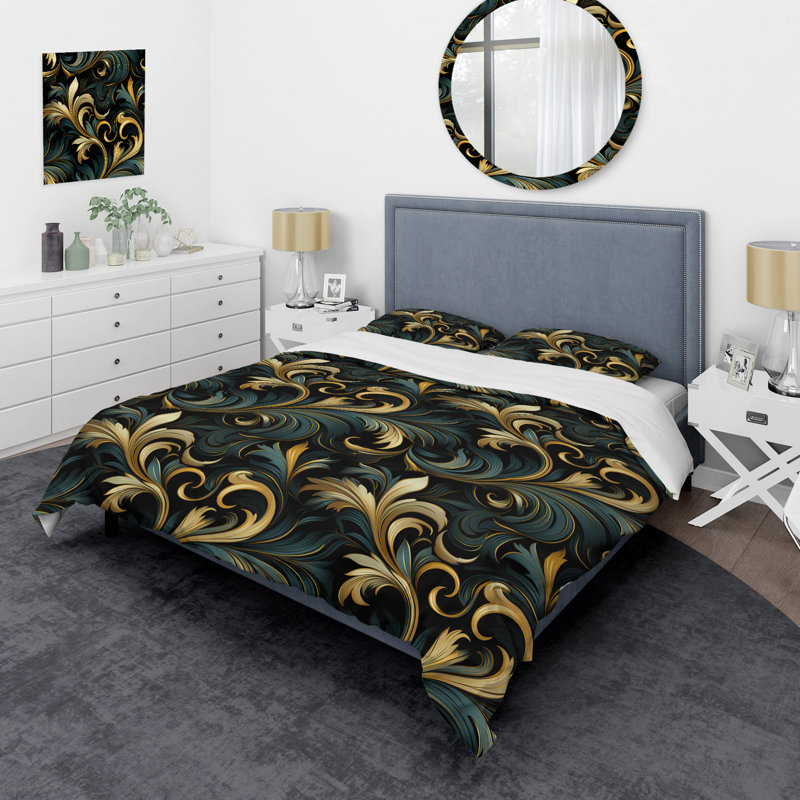 Ensemble de housse de couette Gold and Blue Luxury Damask Symphony IV, Housse de couette simple + 1 taie décorative stan