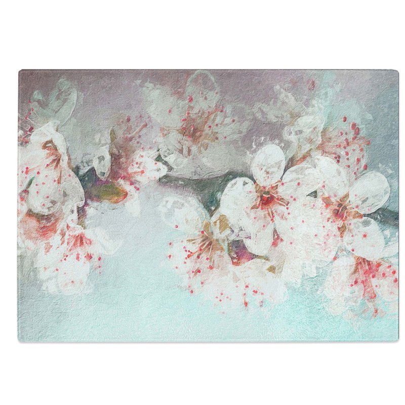Tempered Glass White Blossoms in Abstract Chopping Board, 39 cm W x 28.5 cm L