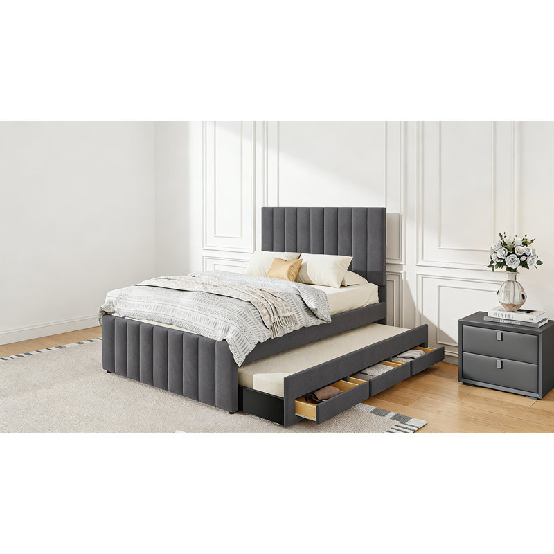 Lit plateforme double tapissier avec lit gigogne simple et 3 tiroirs, tissu en lin, Gris