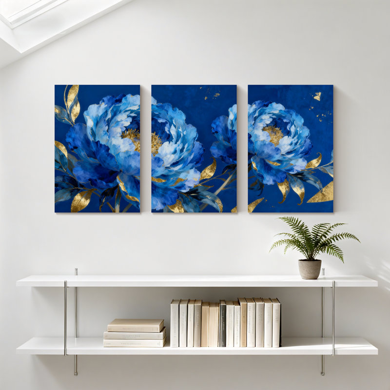 Pivoine, pivoine bleue, fleurs et accents dorés, ensemble de 3 impressions sur toile, H 30 po x l 60 po