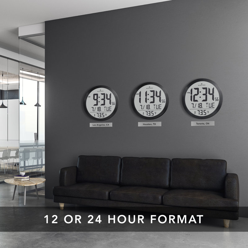 Marathon 15-Inch Black Aluminum Digital Wall Clock with Calendar and Temperature Display