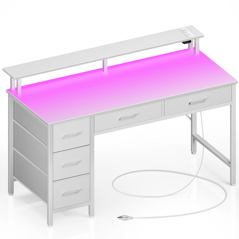 Linze Computer Desk w/ Monitor Shelf, RGB LED Lights, USB Ports & Drawers, 35.20"H x 47.20"W x 18.50"D, White
