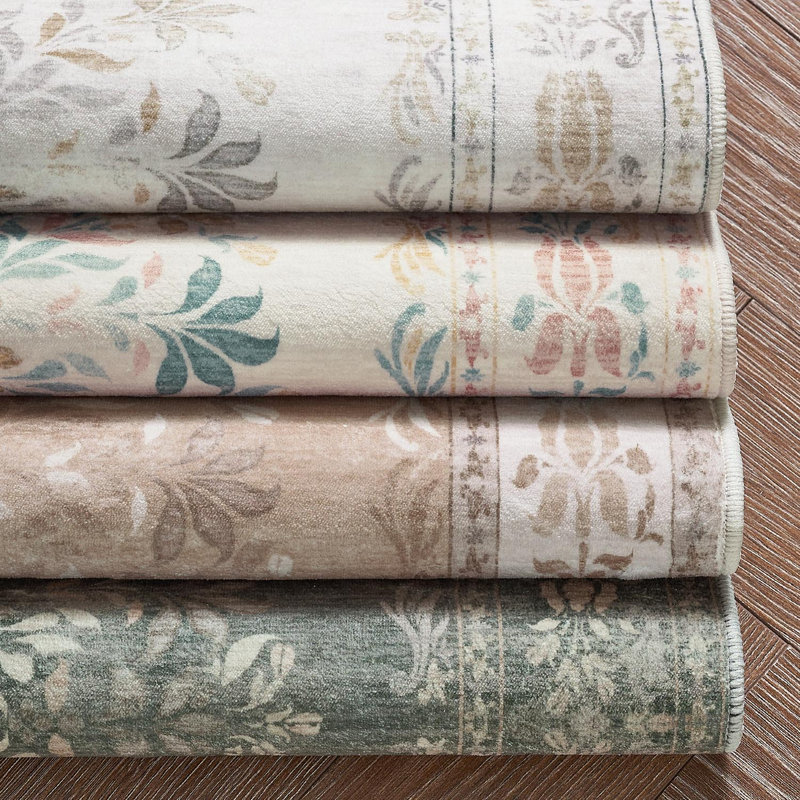 Vintage Floral Distressed Design Non-Slip Low-Pile Soft Thin Faux Wool Area Rug, Rectangle 2' x 3'