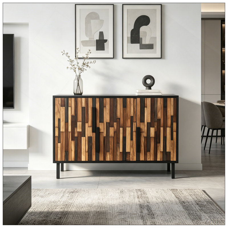 Buffet rustique de style champêtre de 120 cm (47,24 po) avec motif de bois droit, meuble d'appoint moderne