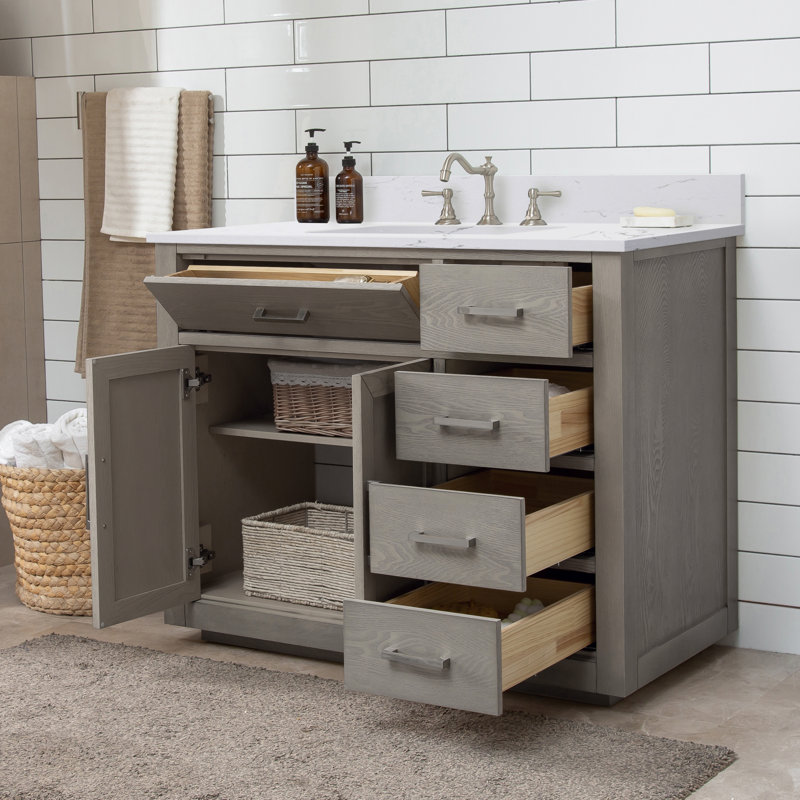 Meuble-lavabo simple autoportant de 42 po avec plateau en pierre d'ingénierie Ingalls, Chêne gris antique, Carrara White