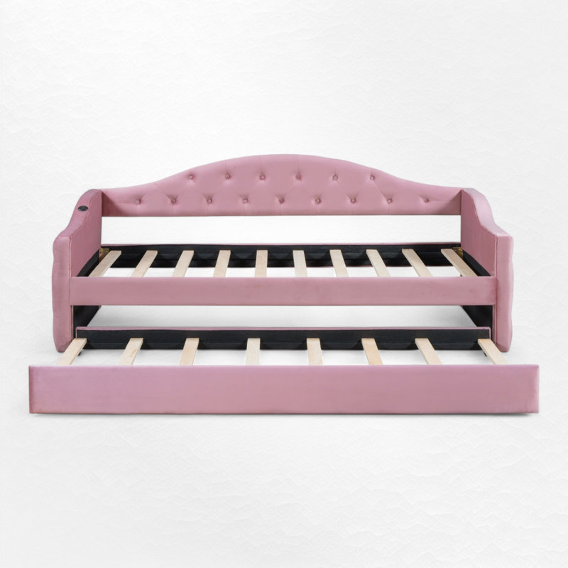Tufted Upholstered Daybed With Trundle And Charging Ports, Pink