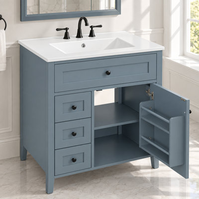 Meuble-lavabo simple autoportant noir 30 po avec lavabo et rangement en céramique