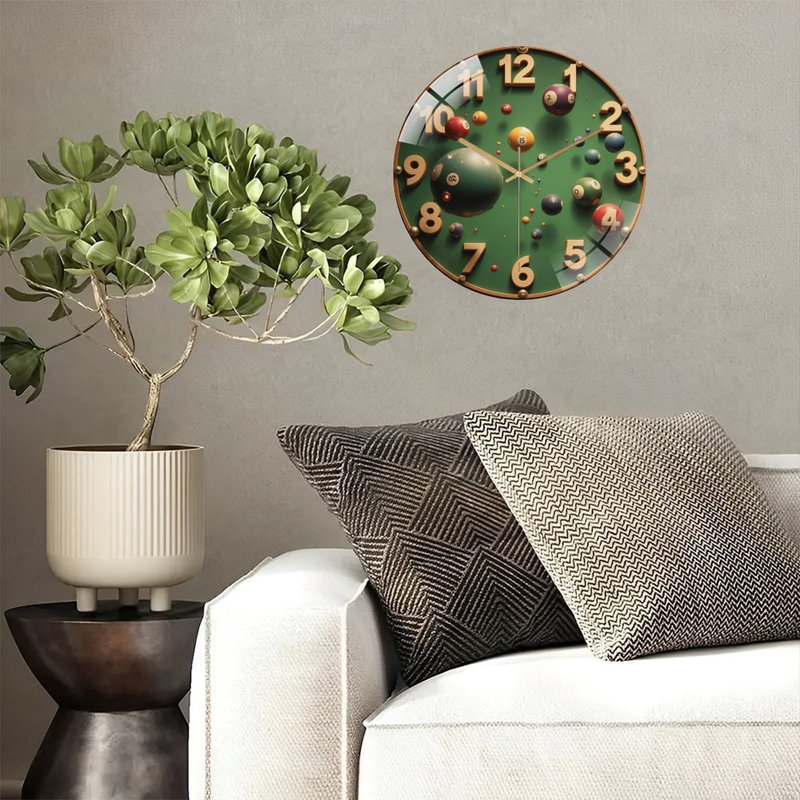 Colorful Billiard Pool Balls for Game Room Decor Art - 12'' Modern Glass Wall Clock