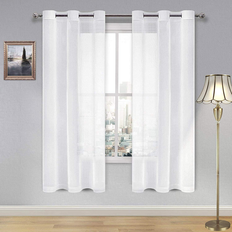 2 Panels White Sheer Curtains for Living Room Linen Look Voile Drapes Grommet Window Curtain Panel, 36" W x 63" L