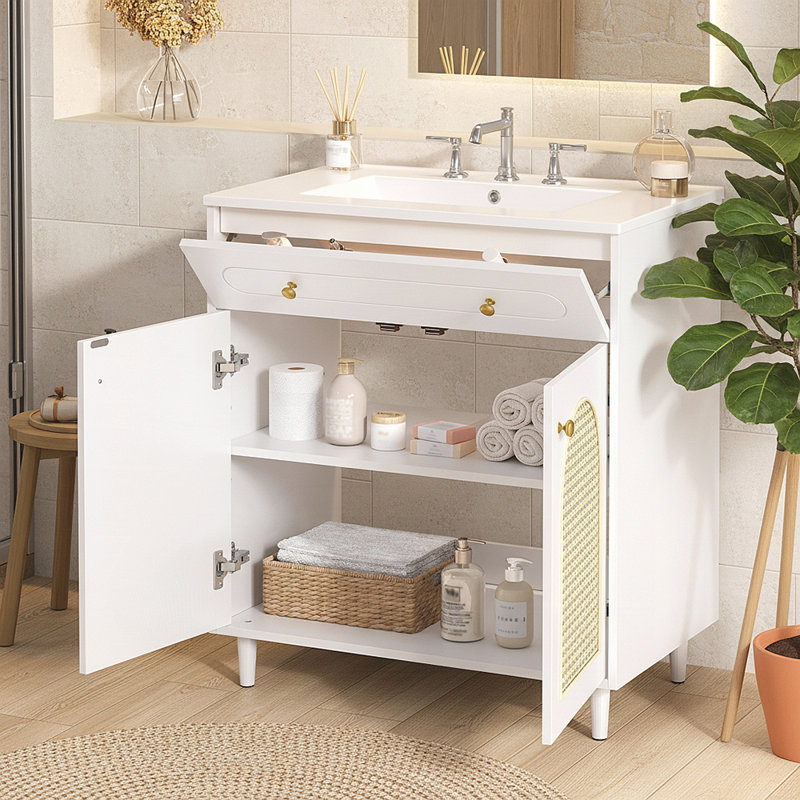 Meuble-lavabo de 30 pouces avec lavabo en céramique, structure en bois massif, tablette réglable et panneaux avant en rotin pour un rangement élégant