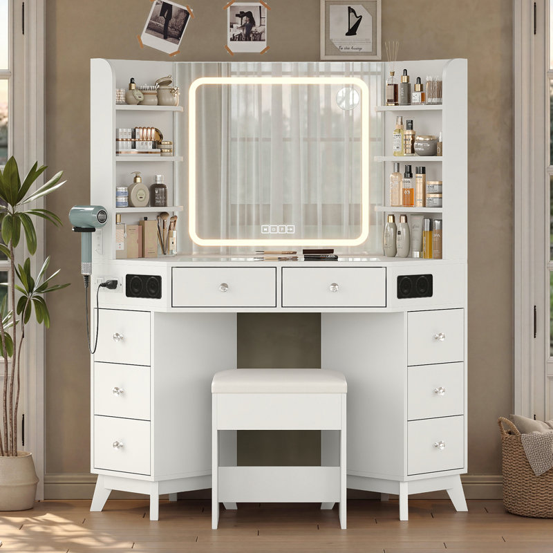 Corner Jamair Desk With Bluetooth Speaker, Modern Makeup Jamair With Mirror And Lights, 3 Color Lighting Modes, 8 Drawers And 6 Shelves Jamair Set, Glass Top Dressing Table With Chair For Bedroom