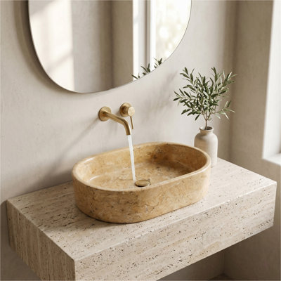 Lavabo vasque de salle de bain en marbre naturel doré, finition polie, pierre naturelle, marbre véritable, marbre véritable, 23,6 x 15,7 x H 5,9 pouces / 600 x 400 x H 150 mm