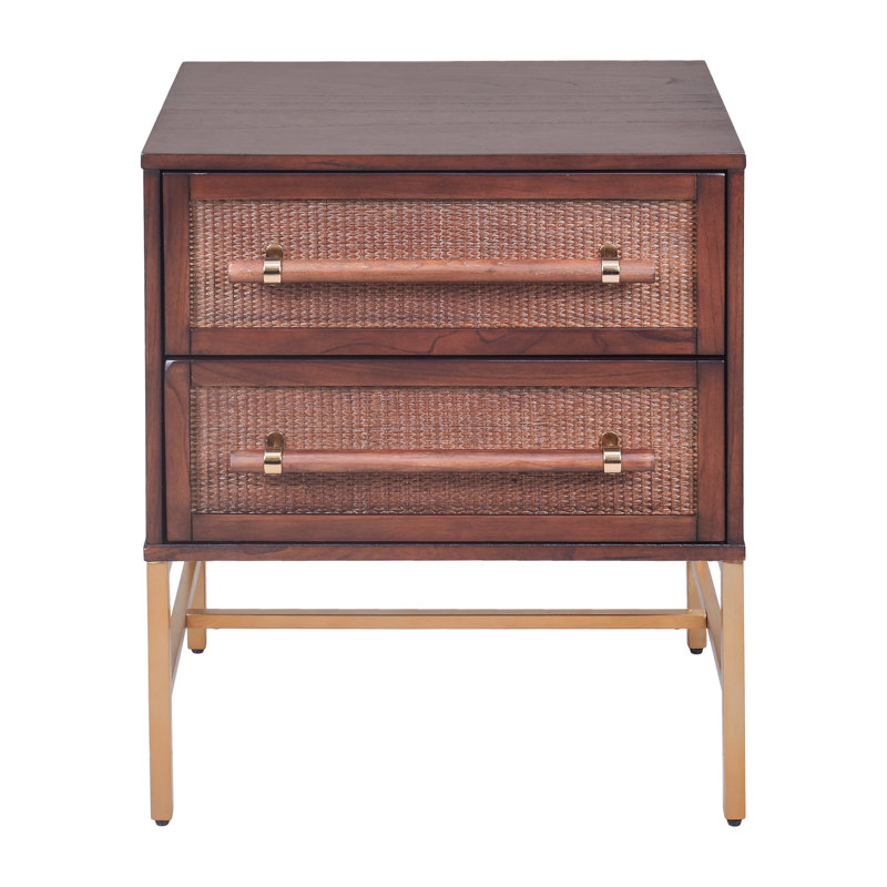 Mochaccino Brown Rattan 2-Drawer Nightstand with Brass Accents