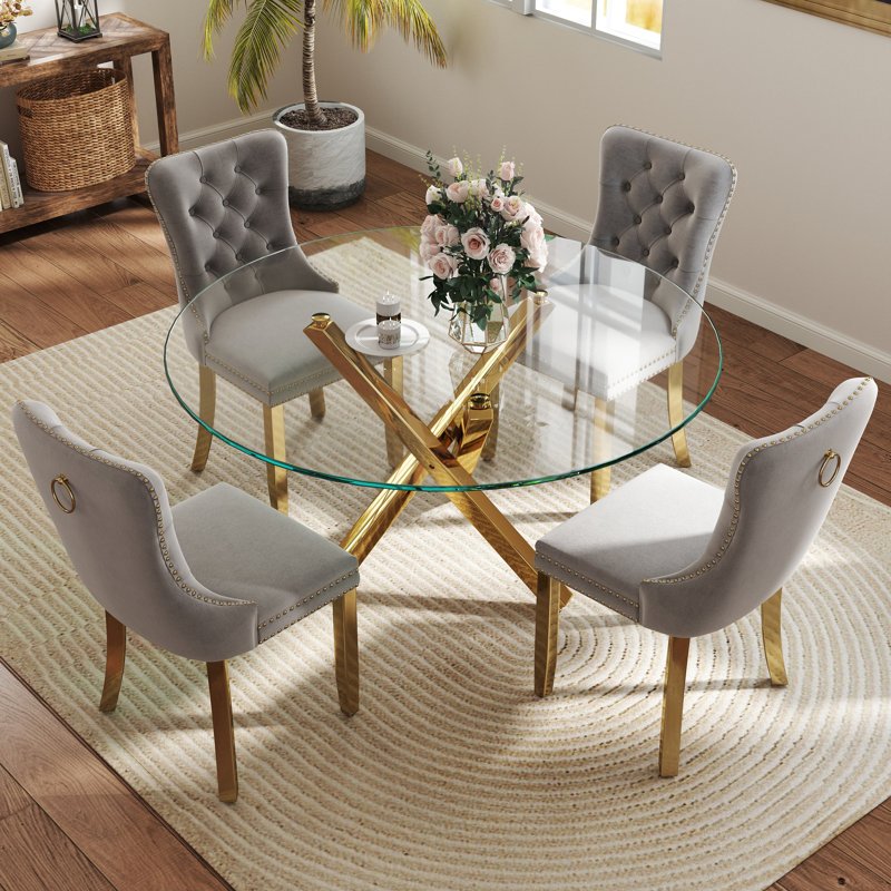 Ensemble de table de salle à manger 5 pièces, H 29,5 po x L 47 po x l 47 po, Gris/doré, Or