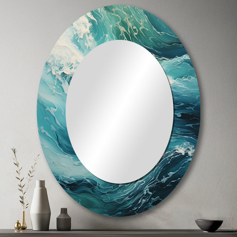 Grand miroir mural ovale en métal Ocean Teal Wave Expression, 43 po x 33 po
