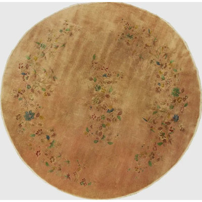 Antique Floral Chinese Art Deco Round Rug in Soft Coral