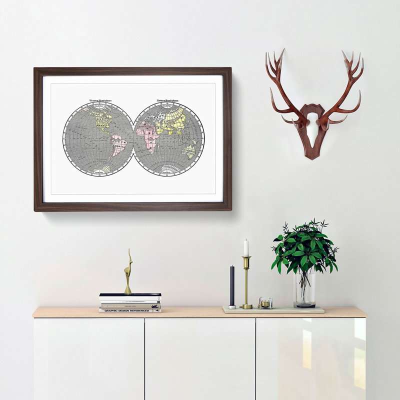 World Map Illustration - Framed Print, 27cm H x 36cm W x 2cm D, Walnut Framed