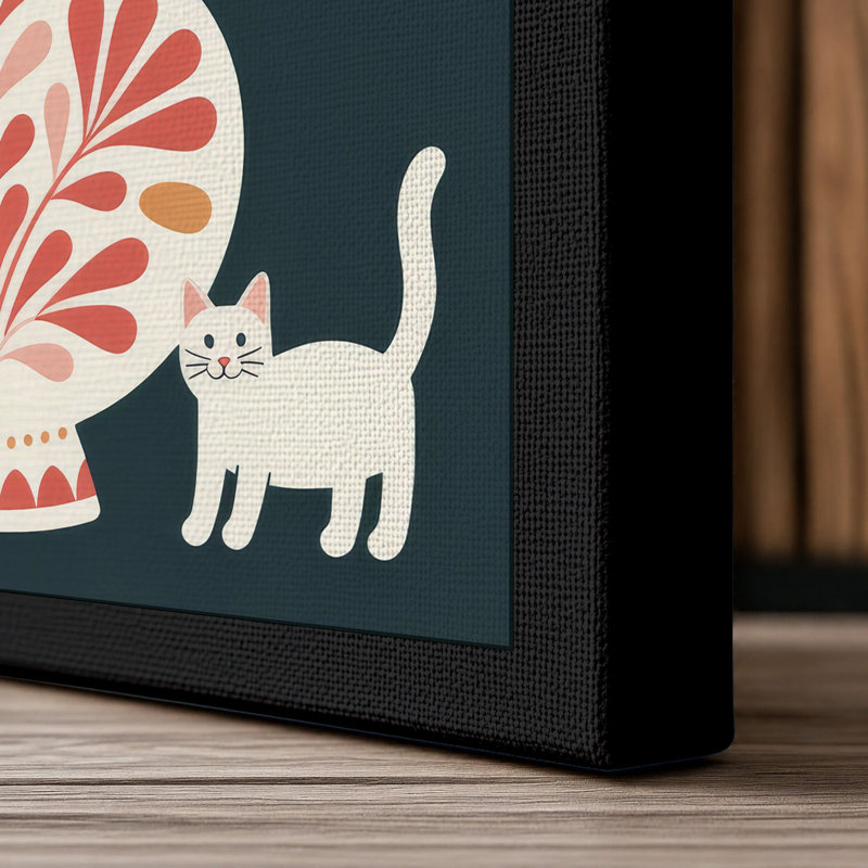 Floral Arrangement with Cat Scandinavian 1 Piece Wrapped Canvas Wall Art, 18x12 - 45.7 x 30.5 cm, Black Border