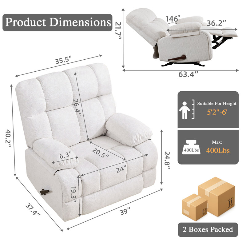 Modern Glider Recliner Chair With Rocking Function And Side Pocket, White, White Chenille