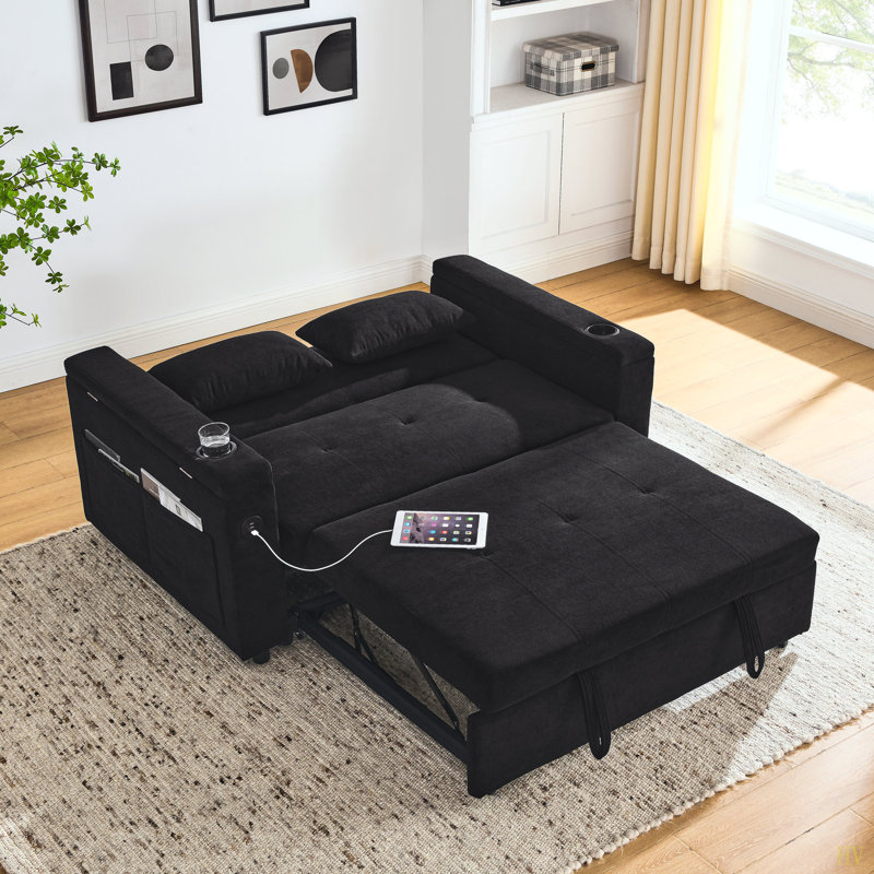 Canapé-lit inclinable à deux places de 54 po avec accoudoirs avec rangement et poches latérales, dossier réglable et coussin lombaire pour appartements, salons, etc. avec prise de courant USB