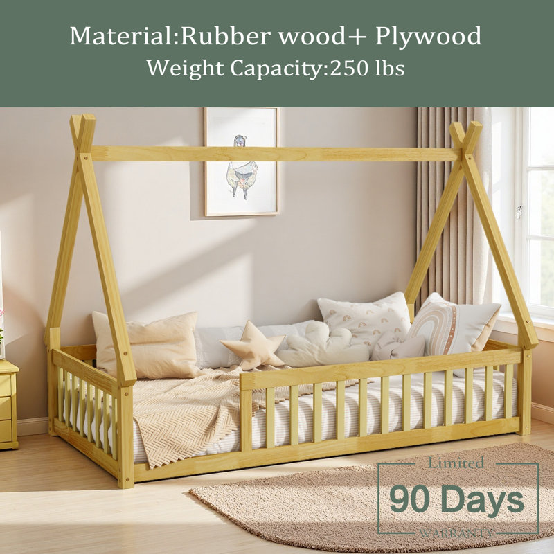 Tent-Shaped Floor Bed,Teepee Bed With Guardrails,Slats, Natural