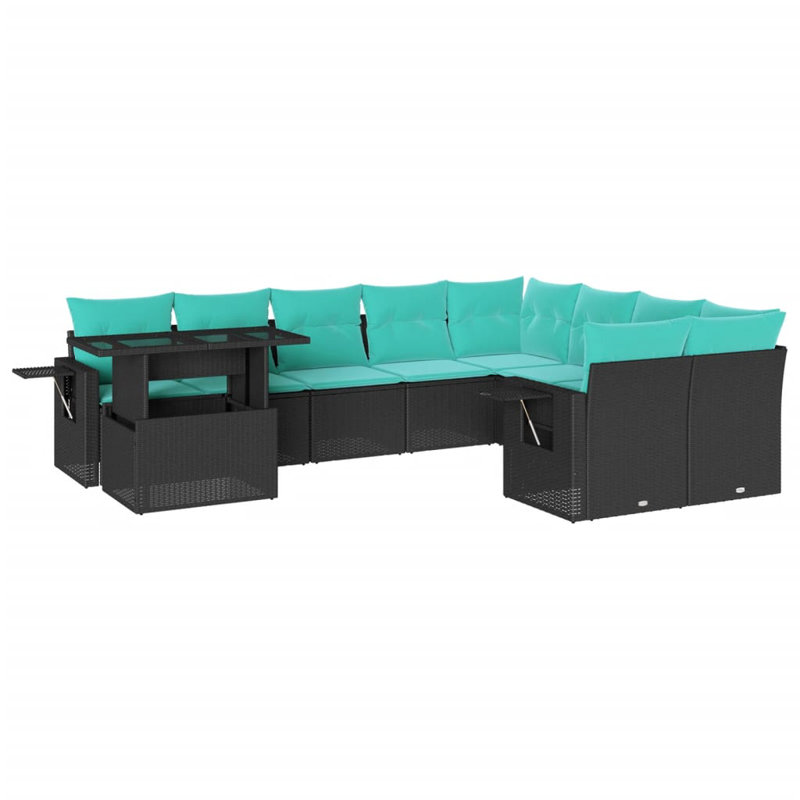 Ensemble de canapé de patio 10 pièces avec coussins en rotin de polyester, Bleu clair, Noir