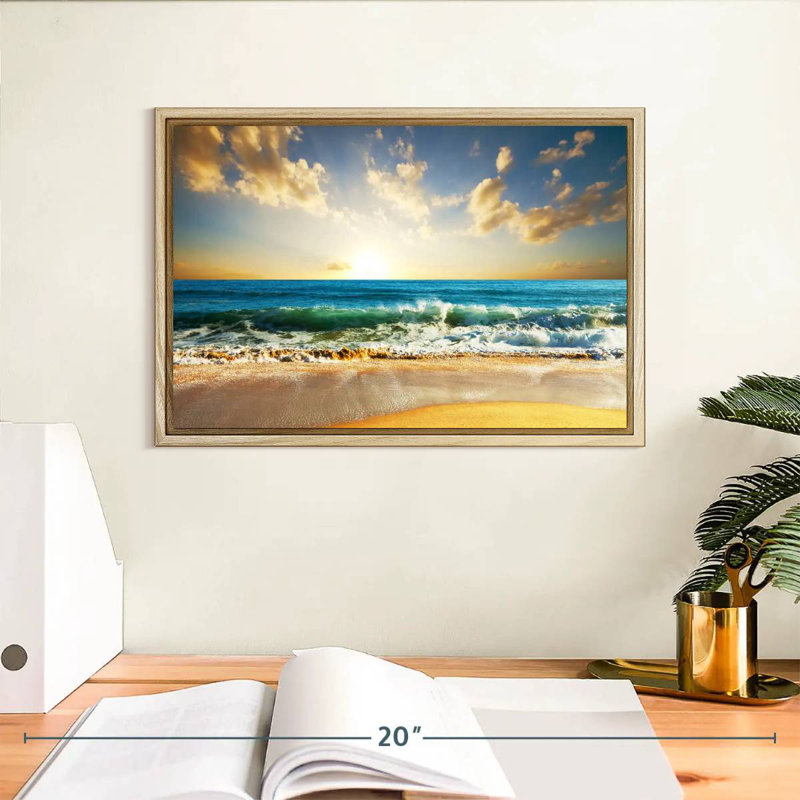 Coucher de soleil sur l'océan, Cadre flottant en bois naturel, 13 po x 9 po