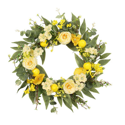 Couronne de citron 19,7 "avec roses jaunes et feuillage pour la porte d'entrée