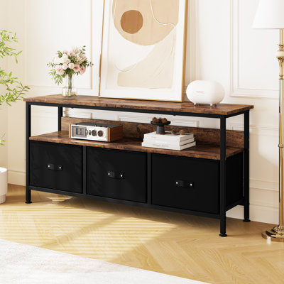 Meuble télé spacieux avec tiroirs et tablettes ouvertes - Meuble audio-vidéo moderne - Convient aux téléviseurs jusqu'à 65 pouces - Tiroirs en tissu noir durable - Palette de couleurs rétro en tissu noir