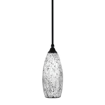 Stem Hung Mini Pendant, Matte Black Finish, 5.5" x 11.25" Black Fusion Glass 