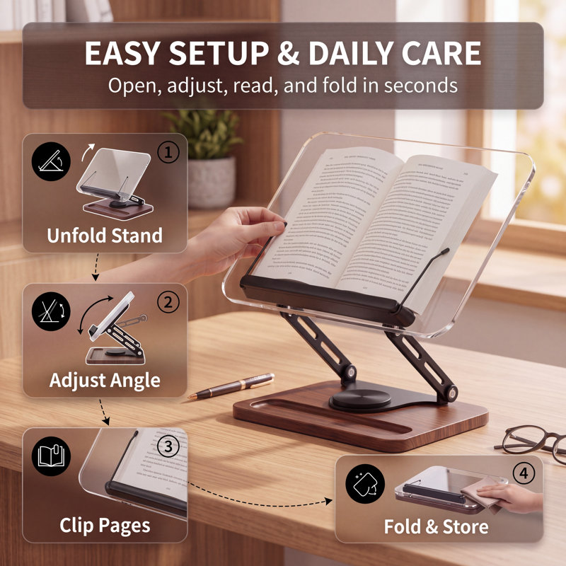 Support de lecture rotatif à 360 ° en acrylique transparent avec plumier, support de bureau réglable multi-angles pour le bureau, la peinture et la cuisine