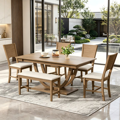 Ensemble de salle à manger 6 pièces en bois de qualité supérieure de qualité supérieure brun avec des pieds semi-circulaires uniques - un ensemble simple, polyvalent, robuste et spacieux.