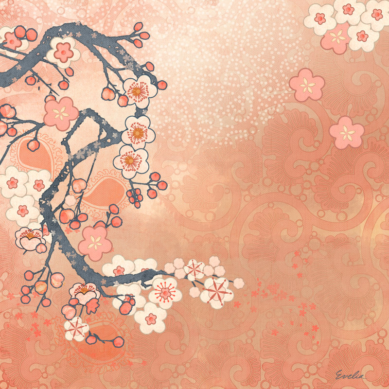 «Tokyo Cherry I», peinture sur toile, H 30 po x l 30 po