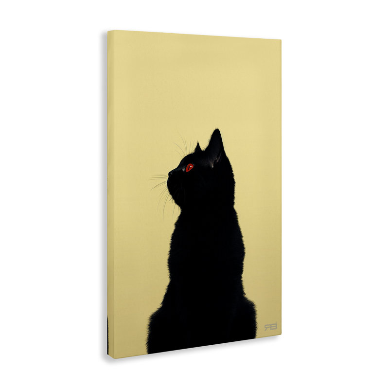 Chat noir sur toile jaune par Roozbeh Bahramali, H 30 po x l 20 po