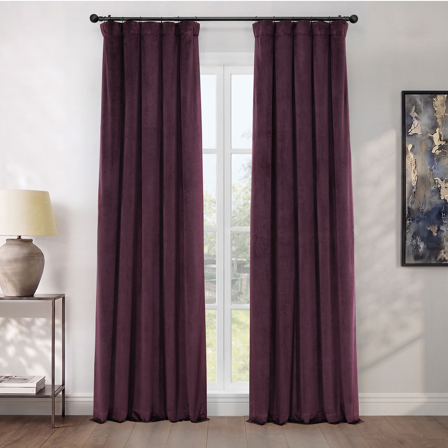 Matra Plush Velvet Room Darkening Curtain Panel, Winter Plum, 50" W x 84" L