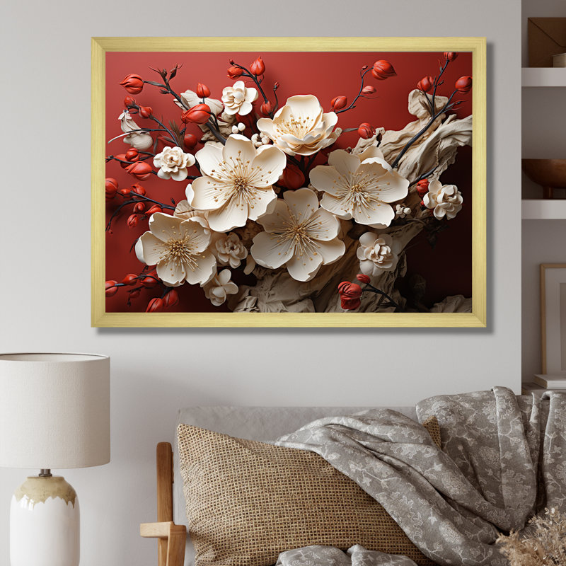 Orchidée blanche et rouge, branches de fleur V - art mural floral abstrait, Cadre doré à coins fermés