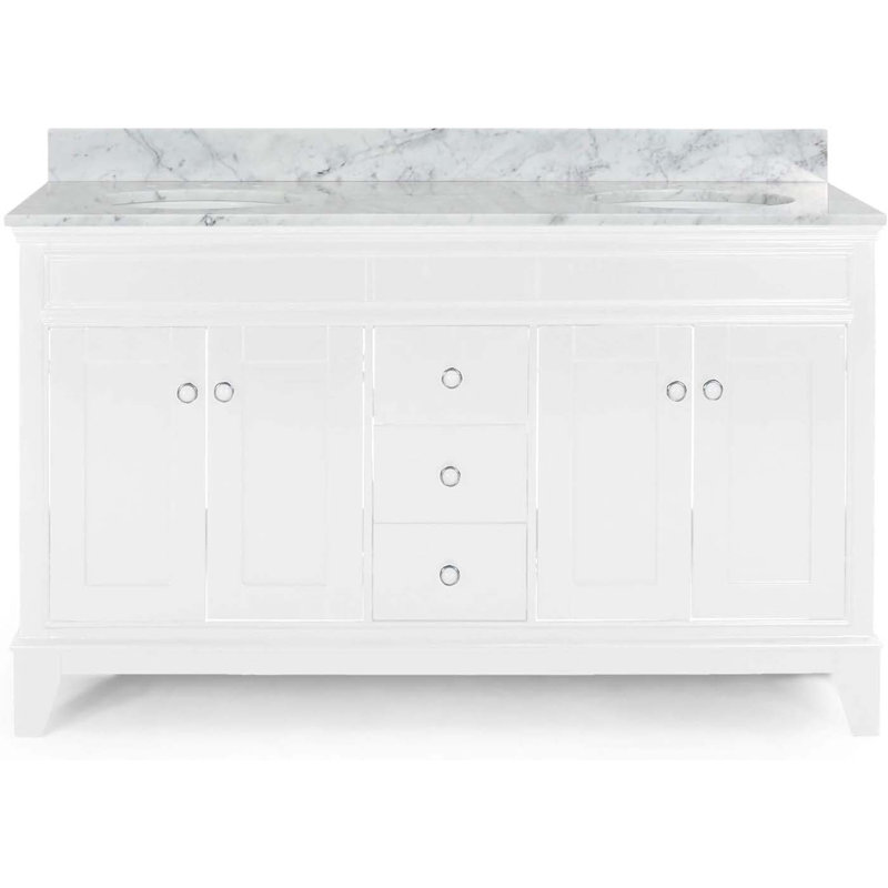 Meuble-lavabo 61 po avec comptoir en marbre et deux lavabos en céramique 61 po, Blanc