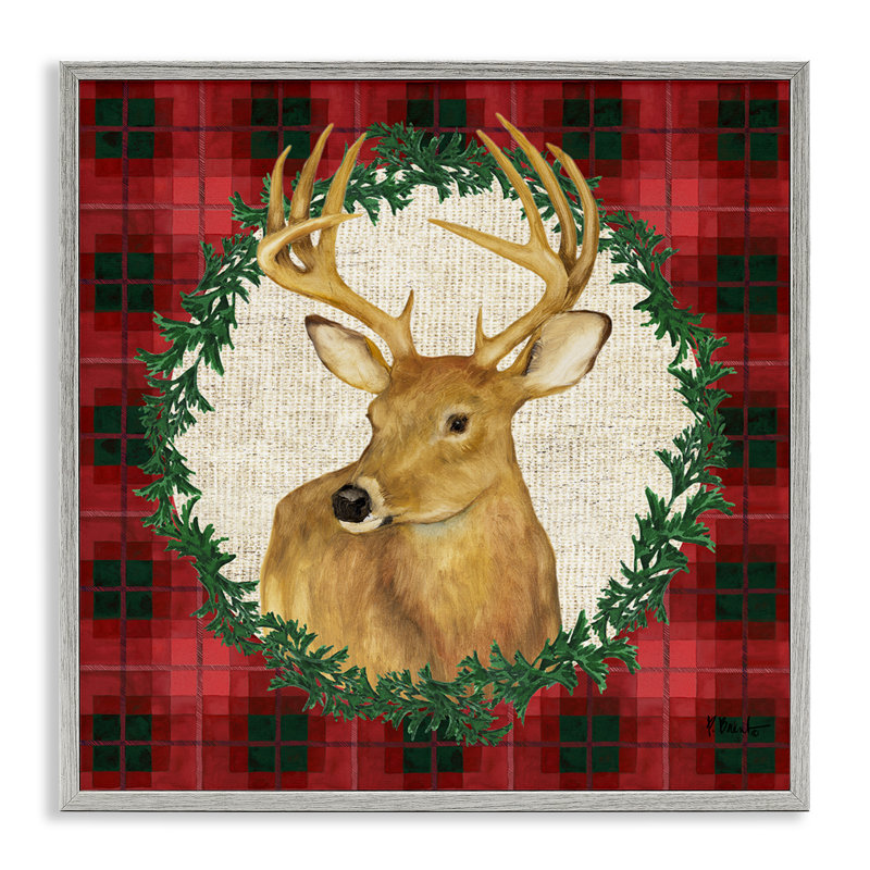  «Deer on Plaid & Wreath», art de la giclée encadrée par Paul Brent, Estampe numérique Farmhouse, H 17 po x l 17 po