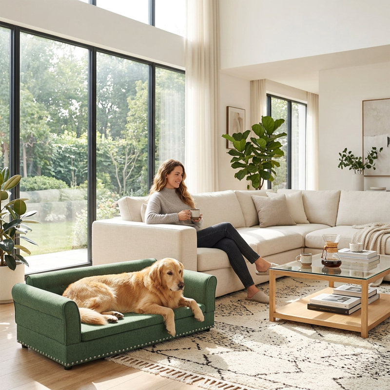Modern Oversized Elevate Linen Pet Couch With Backrest & Armrest, Olive Green