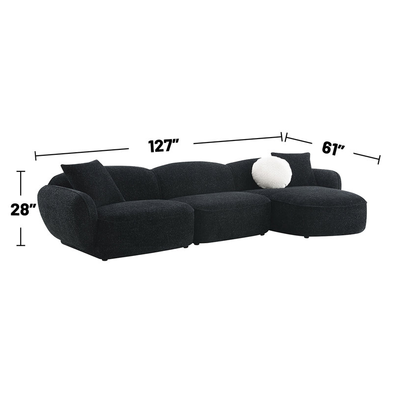 Canapé modulaire en L chenille avec 3 coussins noirs Chenille