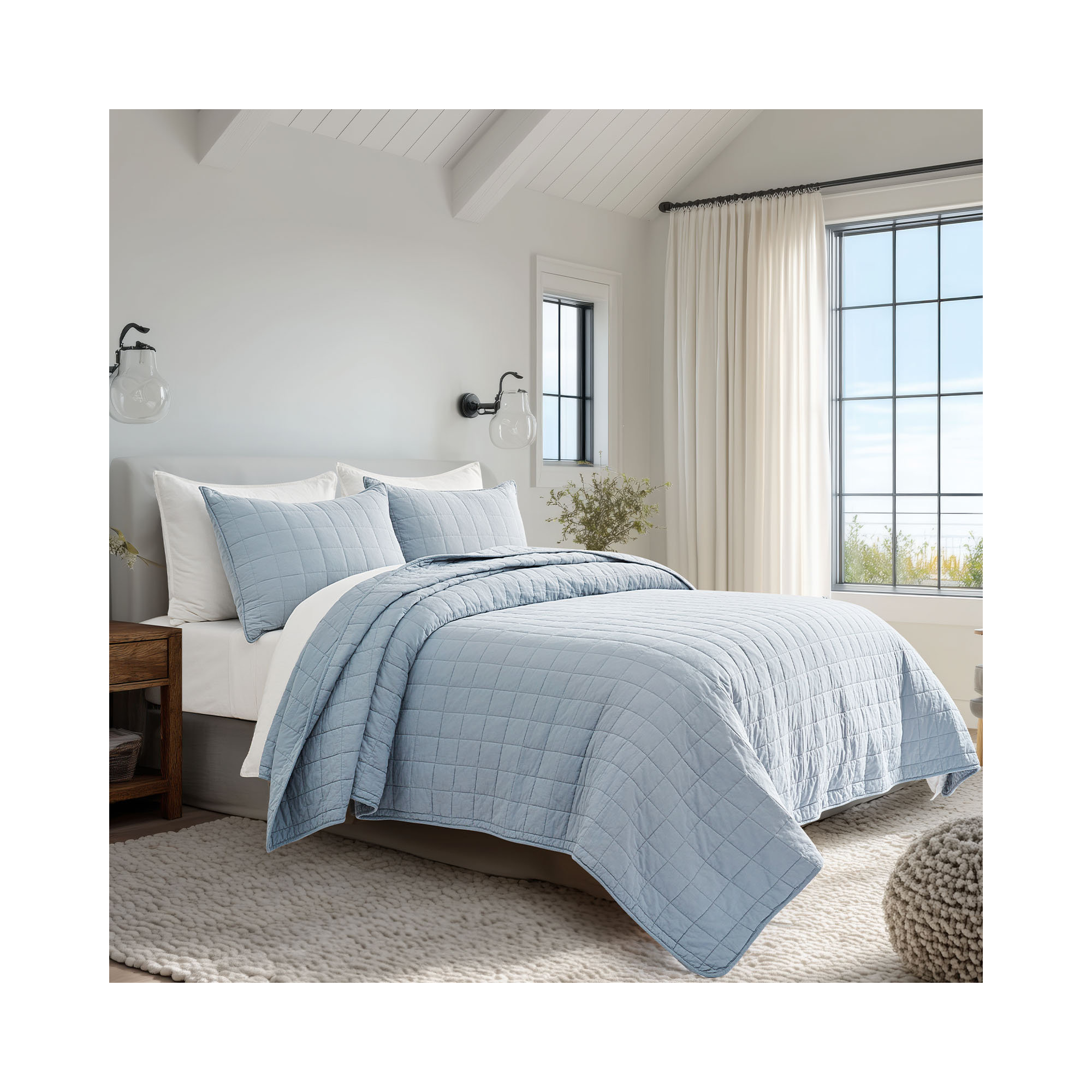 100% Cotton Box Stitch Quilt Set, Blue Linen, King Quilt + 2 King Shams
