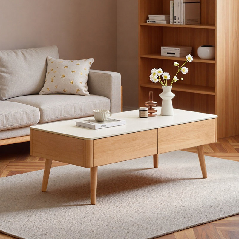 Simple solid wood granite slab coffee table, 16.5" H x 39.4" L x 19.7" W