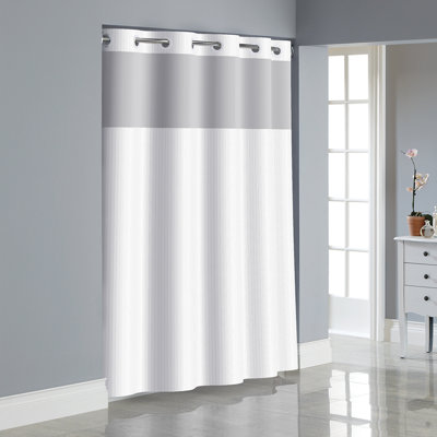 Hookless Herringbone Shower Curtain, 3-in-1 Shower Curtain Includes Hookless Shower Curtain with Sheer Top Window, Flex-on Rings & PEVA Snap In Liner, 71 In Wide x 74 In Long, White