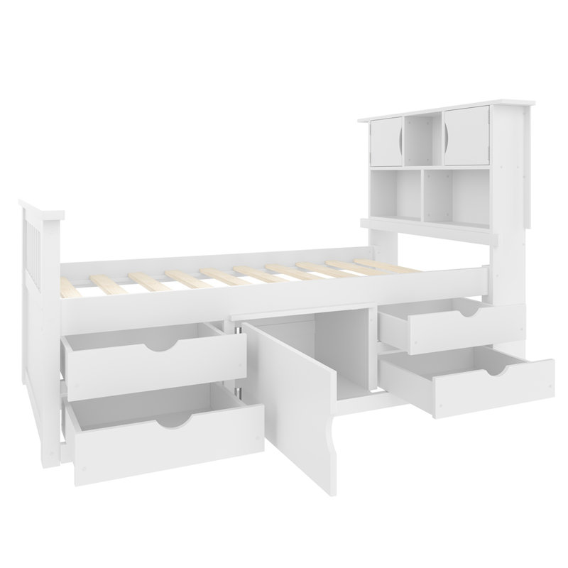 Lit plateforme avec bibliothèques et tiroirs de rangement, Blanc