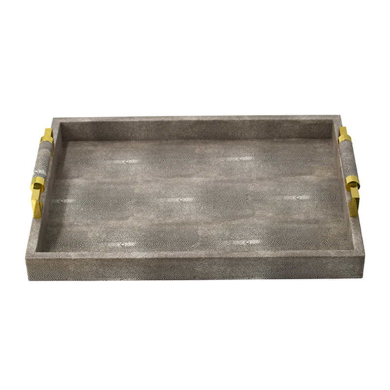 Decorative Tray, Faux Leather Texture Finish, Gold Handles, Gray 19 Inch